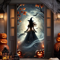 Halloween Decorations Witch Pumpkins Bats Haunted House Door Cover Banner 35X71″