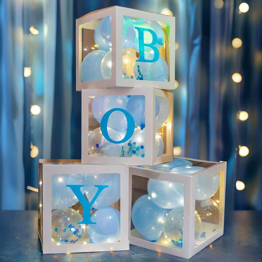 Baby Shower Decorations Clear Balloon Blocks with Fairy String Lights, 4 Pack Tr