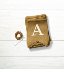 Custom Banner Kit, 97 Burlap Flags, WHITE Pre Printed Letters & Numbers, 120ft
