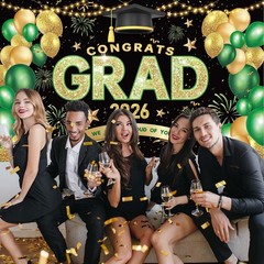 Green Gold Graduation Banner Congrats Grad 2026 Party Decor 72×44 inch Backdrop