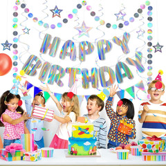 Iridescent Birthday Decorations with Holographic Pre-Strung Happy Birthday Banne
