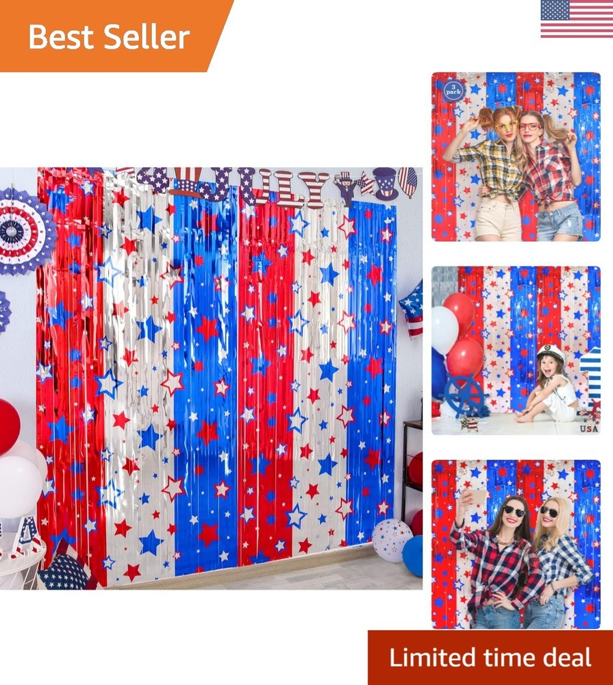 Memorial Day & Independence Day Decor: 3-Pack Tinsel Fringe Curtains 3.3×6.6 ft