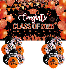 Orange and Black Graduation Decorations Class of 2026 Banner with 18 Pcs Grad Ba
