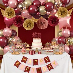 Burgundy Birthday Decorations Set – 1 Fringe Curtain, 1 Banner, 2 Heart
