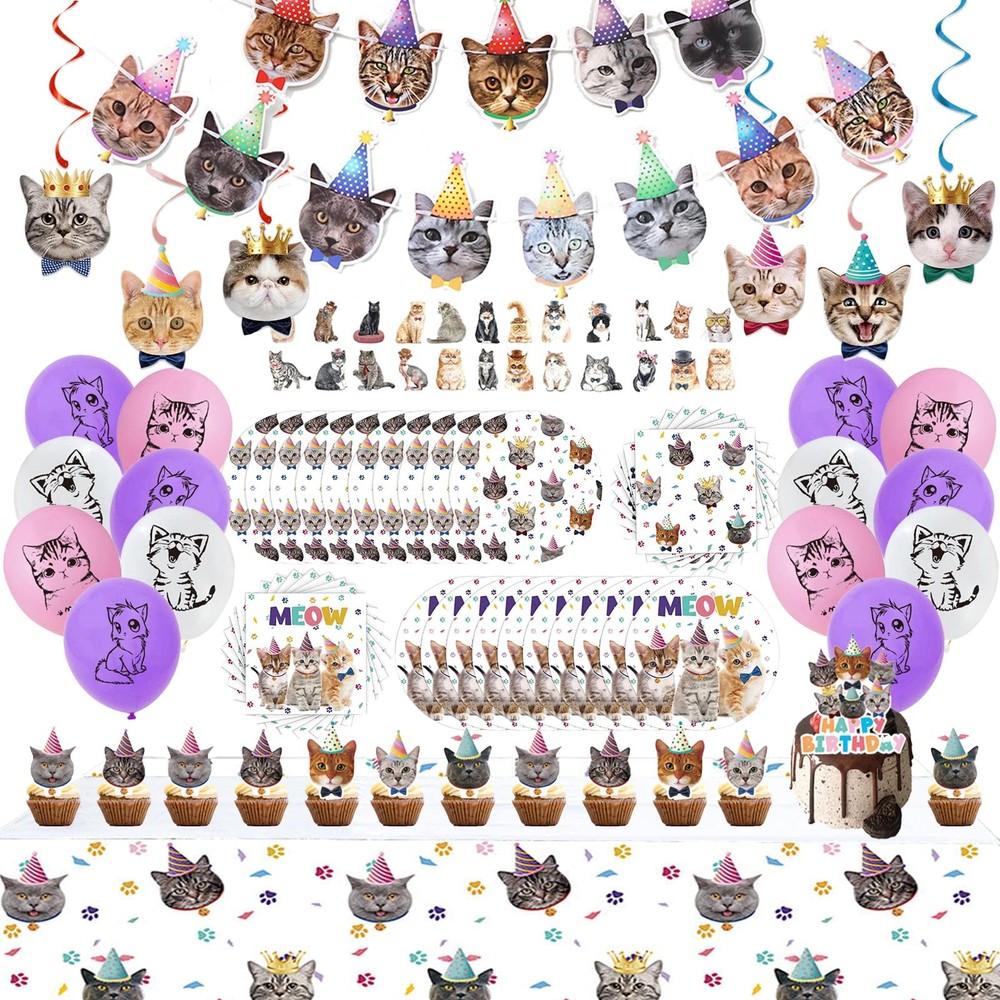 137PCS Cat Birthday Party Supplies Serves 20 Guests Kitten Birthday Party Dec…