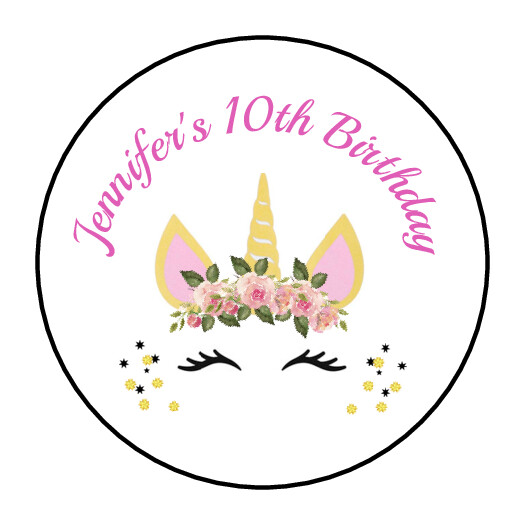 personalized Unicorn birthday party stickers, labels, tags envelope seals