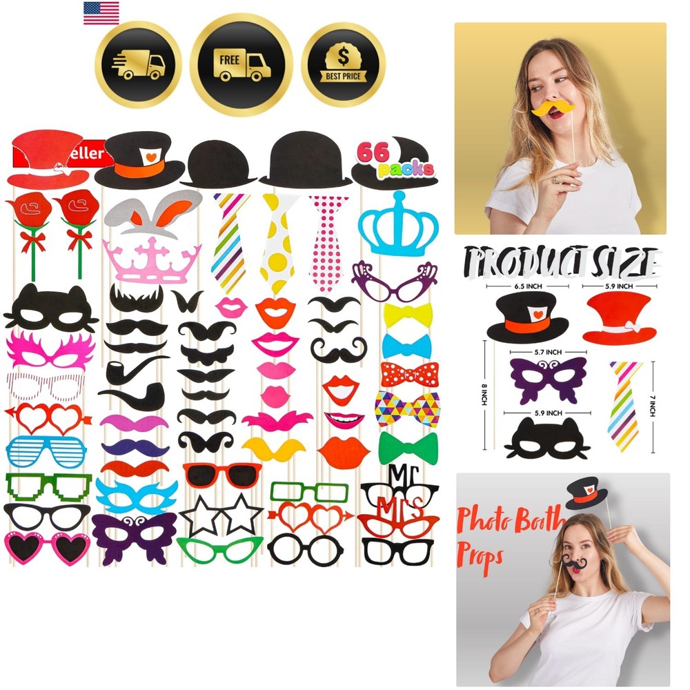 Toy Photo Booth Props 66 Pieces，Multicolor Kit for Graduation Wedding Party S…