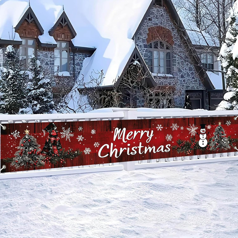 Merry Christmas Banner 118X20 Inches Rustic Red Wood Backdrop Snowflakes Snowman