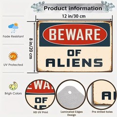 Alien Gifts Vintage Alien Decor Beware of Aliens Funny Metal Sign for Home Be…