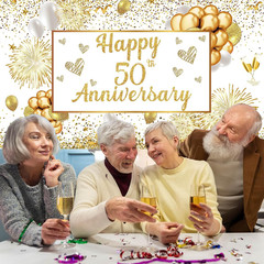 50Th Wedding Anniversary Decorations – White Gold Happy Anniversary Banner, Larg