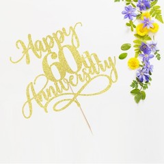 Gold Glitter Happy 60th Anniversary Cake Toppers – Wedding Anniversary Party,…