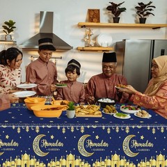 Ramadan Table Cloth Blue Gold Islamic Table Cover Decorations Kareem Party Decor