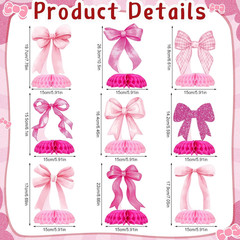 9 Pcs Pink Bow Honeycomb Centerpieces Coquette Party Decorations 3D Hot Pink Bow