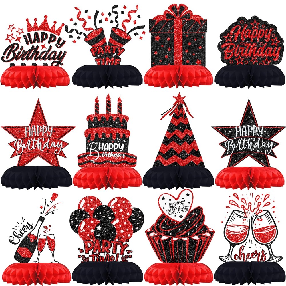 12PCS Black Red Birthday Honeycomb Table Centerpieces, Happy Birthday, Decor