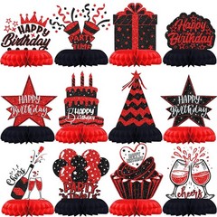 12PCS Black Red Birthday Honeycomb Table Centerpieces, Happy Birthday, Decor