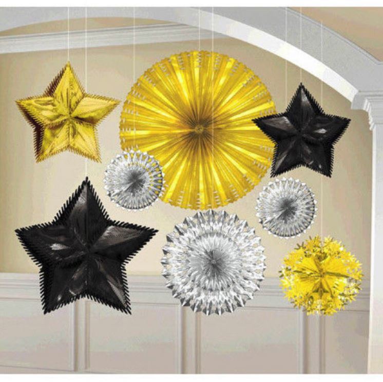 8 Count New Year’s Eve Black Silver Gold Foil Starburst Party Decorating Kit