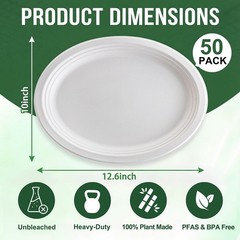 Tinybee 100% Compostable Oval Paper Plates 12 Inch [50-Pack] Heavy Duty Large…