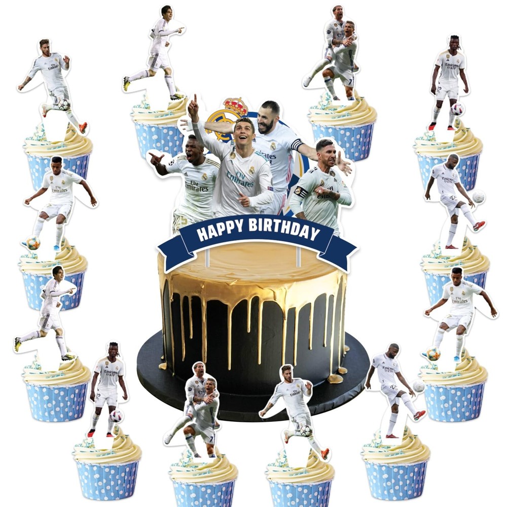 25Pcs Real-Madrid Party Supplies Pack Includes 1 Cake Topper 24 Cupcake Toppe…