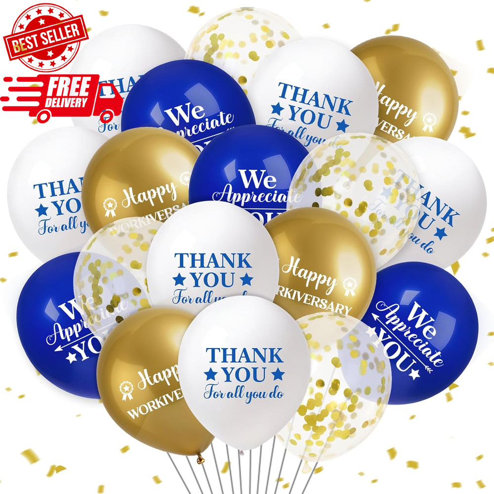 40Pcs Blue and Gold Work Anniversary Balloons for Employee Appreciation
