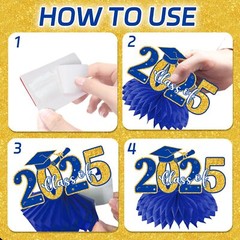 12Pcs Blue and Gold Graduation Decorations Hoenycomb Centerpieces 2025 Glitte…