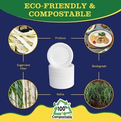 7” Compostable Plates, 125-Pack | Biodegradable Sugarcane | Sturdy, Microw