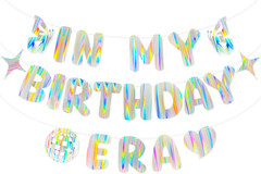Iridescent It’S Giving Birthday Banner, Pre-Strung Fun Birthday Decorations Supp