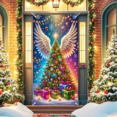 Christmas Tree Front Door Coverss Wrap Xmas Holiday House Hanging Banner Wint…