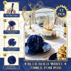Wedding Party Decorations – 12 PCS Navy Blue and Gold Tissue Paper Pom Poms for