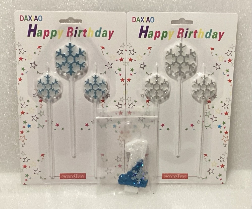 Snowflake Birthday Candles Set 7pc with Number 1 Candle Blue Silver Glitter