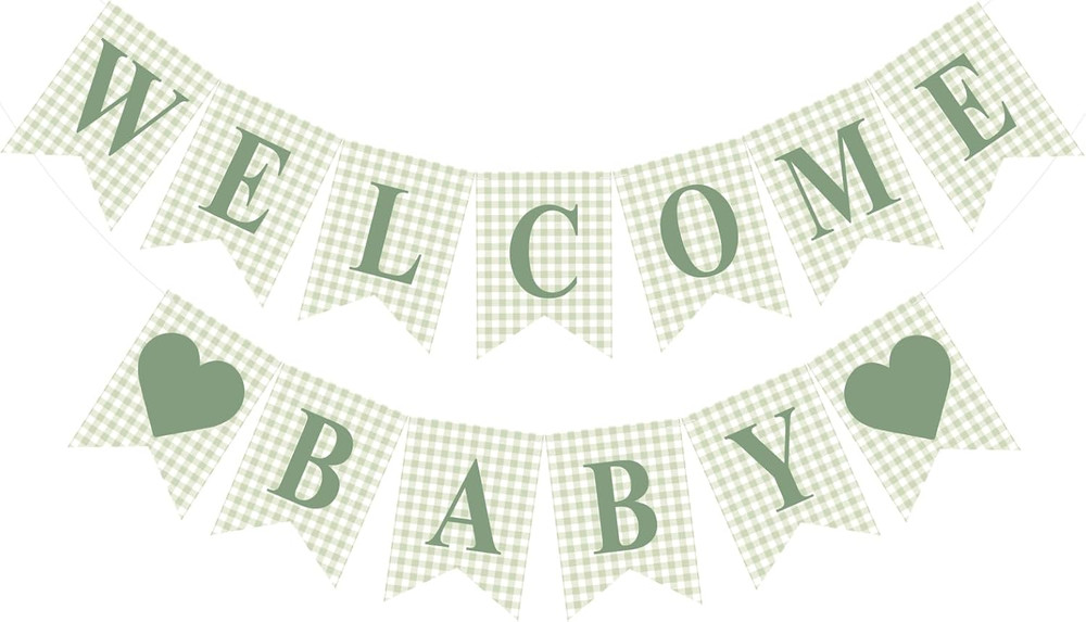 Sage Green Gingham Welcome Baby Banner for Shower or Gender Reveal Decor