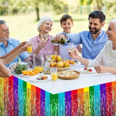 2 Pack 29.5×108 Inch Rainbow Foil Fringe Tinsel Table Skirts Disposable Table