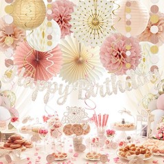 Boho Pink Birthday Party Decorations, Happy Banner, Paper Lanterns, Peach Stream