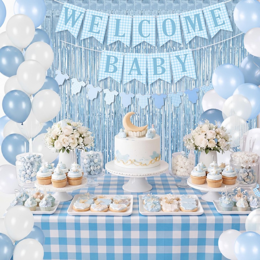 66 Pcs Boy Baby Shower Decorations Blue Gingham Welcome Baby and Body Cloth B…