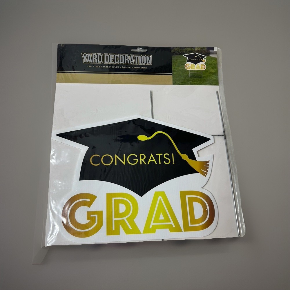 Graduation Yard Sign With Stake Black White Gold Cap Congrats Grad 12.5 x 9.45″