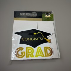 Graduation Yard Sign With Stake Black White Gold Cap Congrats Grad 12.5 x 9.45″