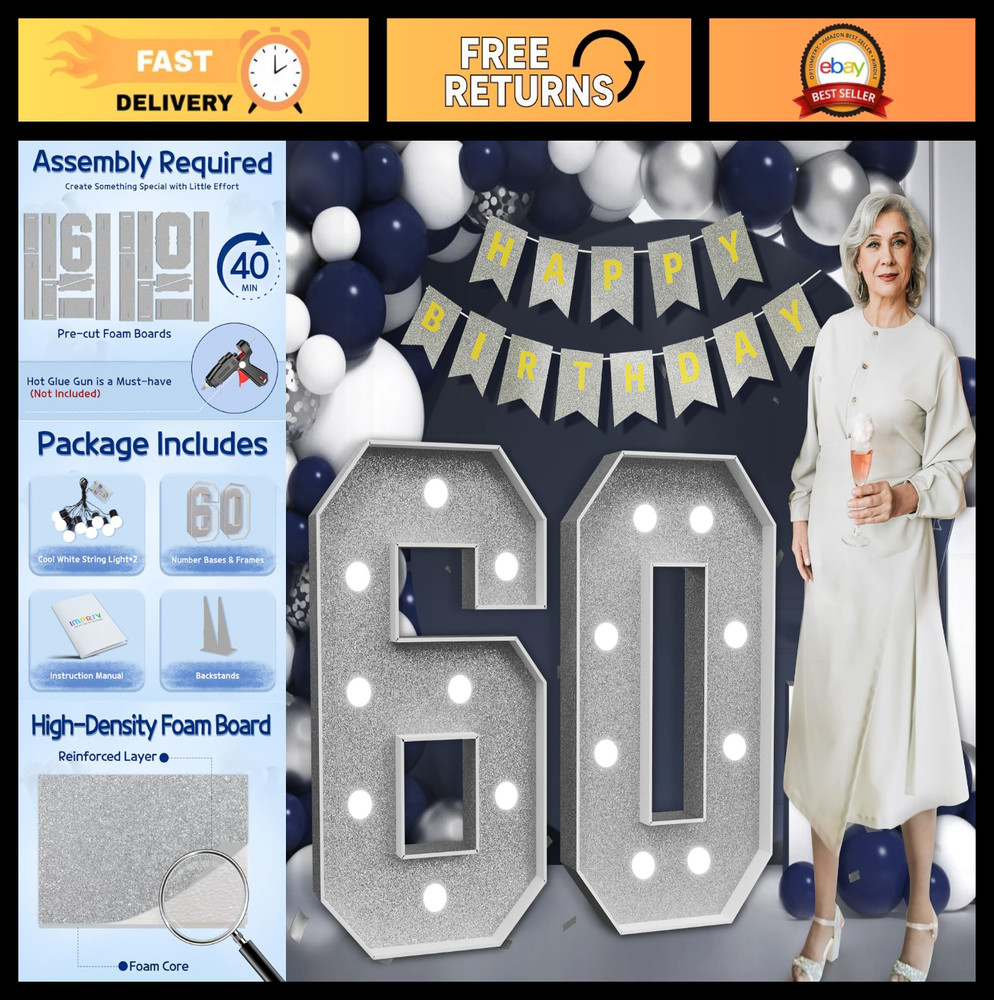 Large 3ft Silver Light Up Number 60 – 60th Birthday Decorations, Party Decor, An
