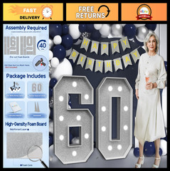 Large 3ft Silver Light Up Number 60 – 60th Birthday Decorations, Party Decor, An