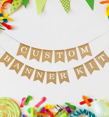 Custom Banner Kit, 97 Burlap Flags, WHITE Pre Printed Letters & Numbers, 120ft