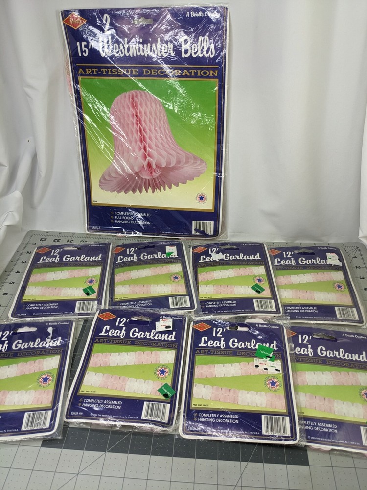 Beistle 12 Foot Leaf Garland 55628 Pink White Lot of 8 and 15 Inch Bell