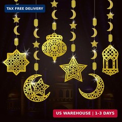 AhfuLife Eid Mubarak Hanging Decorations for Home, 6 Pcs Pre-Tied Hanging Golden