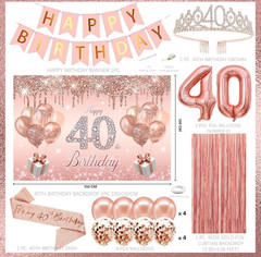 40th Birthday Decorations Party Kit Rose Gold Balloons Tiara Sash Backdrop