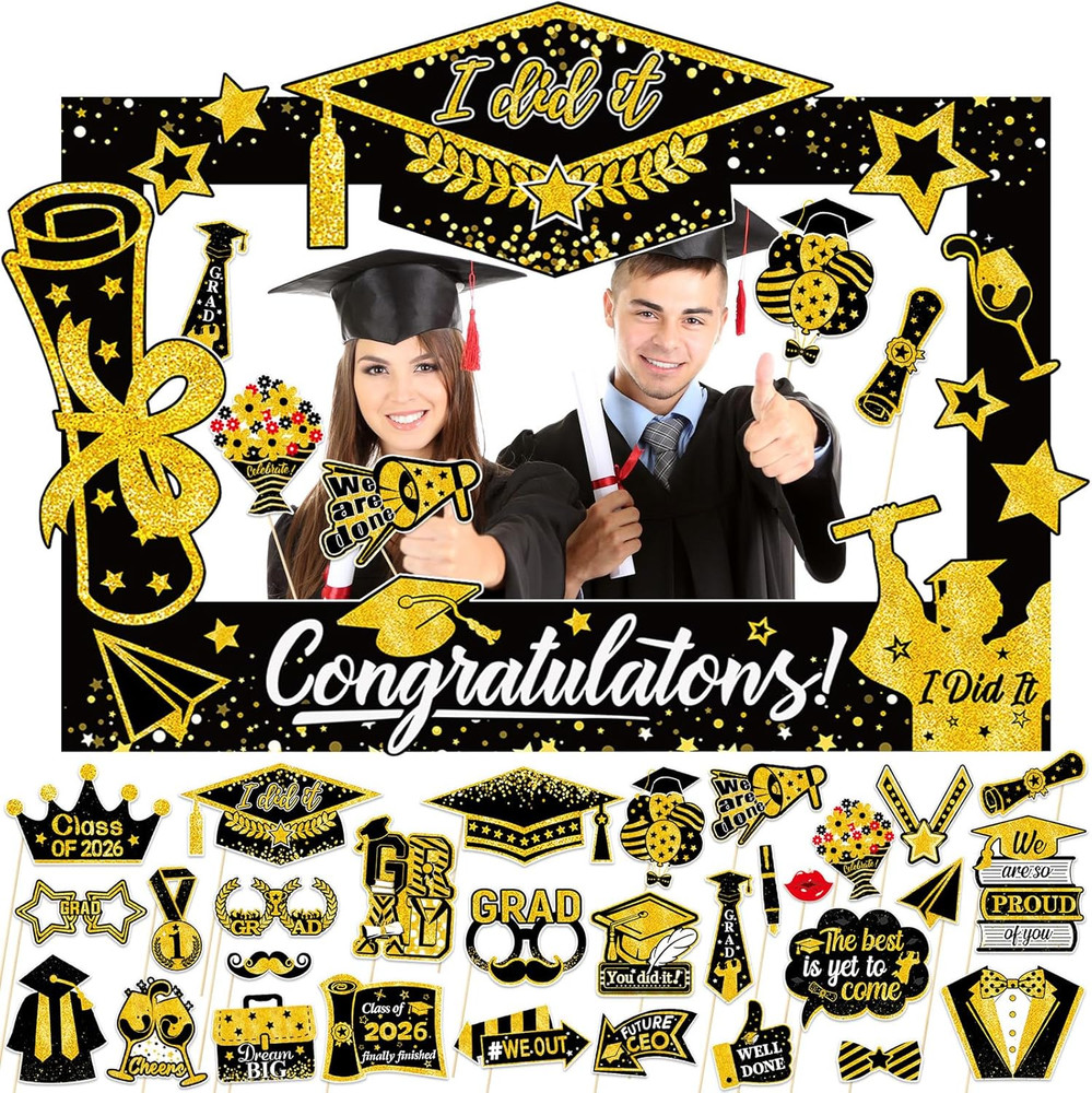 31 Pack Graduation Photo Booth Props 2026, Black and Gold Graduation Photo Booth