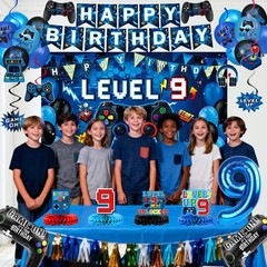 9th Decorations for Boys, Blue Video Game Party Decorations, Level 9 Backdrop…