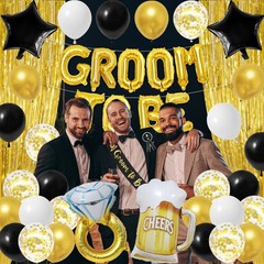 Gold Bachelor Party Decorations, Groom To Be Banner, Satin Sash & Badge, Wedding