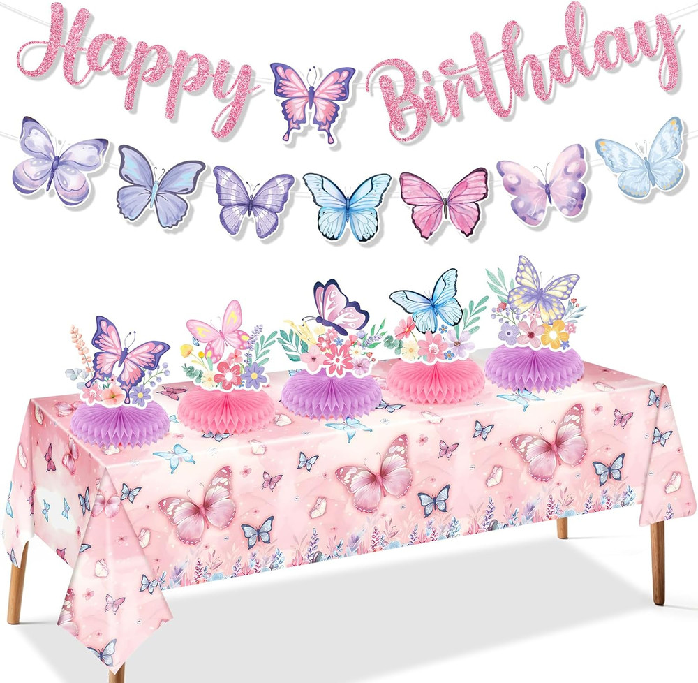 Butterfly Party Decorations Pink Purple Butterfly Happy Birthday Bunting Banner
