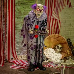 37″ Animated Light-Up Standing Talking Clown with Plate Halloween Decoration