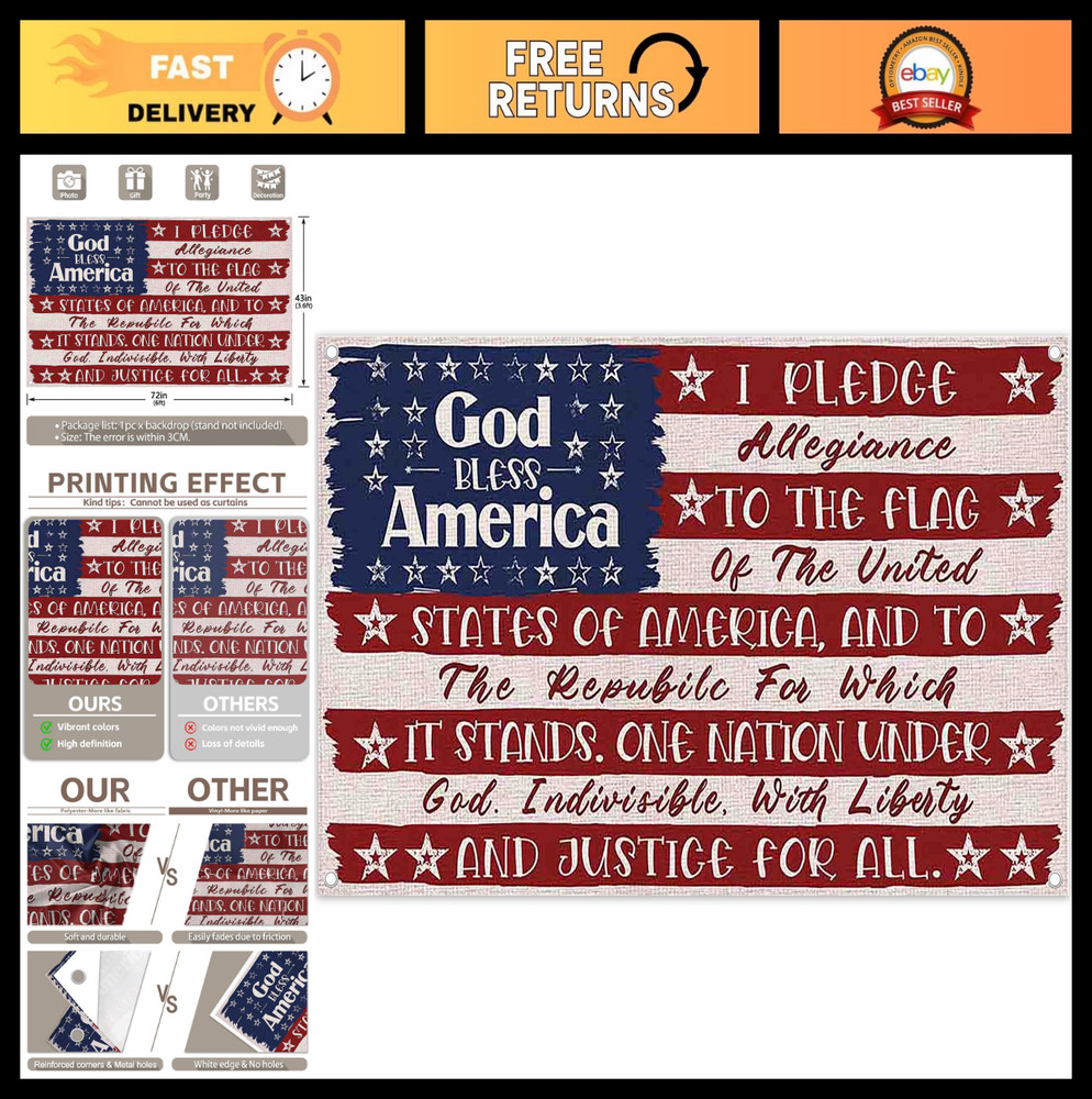 Patriotic 4th of July Backdrop 72×43″ God Bless America Flag – Photo Props & Dec