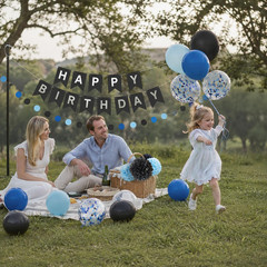 Blue Black Birthday Party Decorations Set Banner Balloons Pom Poms Kit