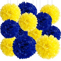Navy Blue Yellow Tissue Paper Pom Poms Ceiling Wall Hanging 8 10 12 In 12 PCS