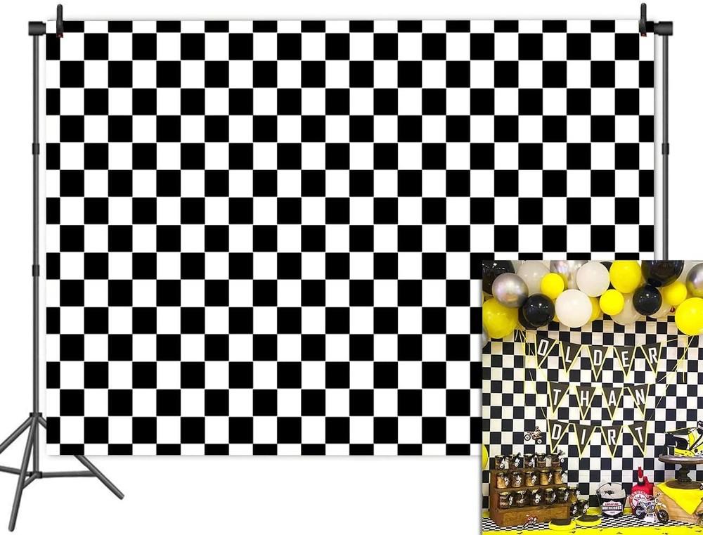 8x6FT Cosplay Party Banner Checkered Flag Photography Backdrop White and Black R